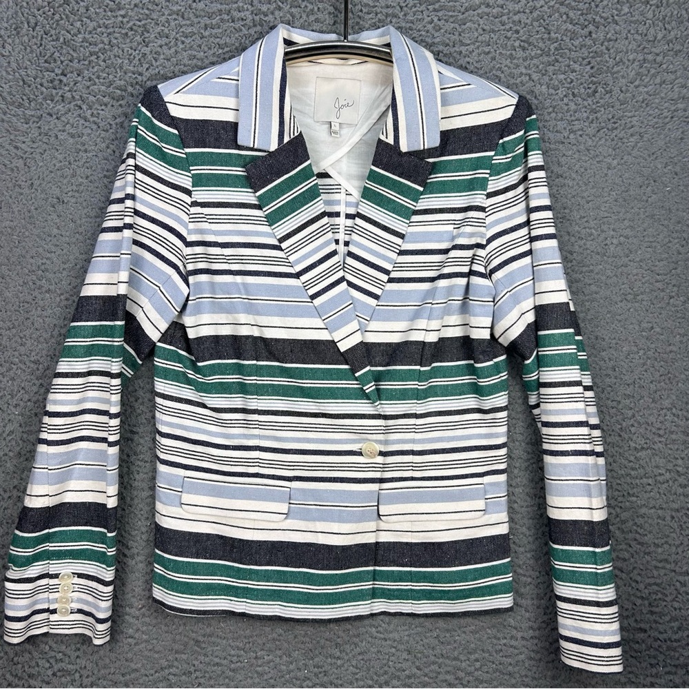 Joie Blazer Jacket‎ Womens Large Multicolor Newport Striped Linen Blend 1-Button